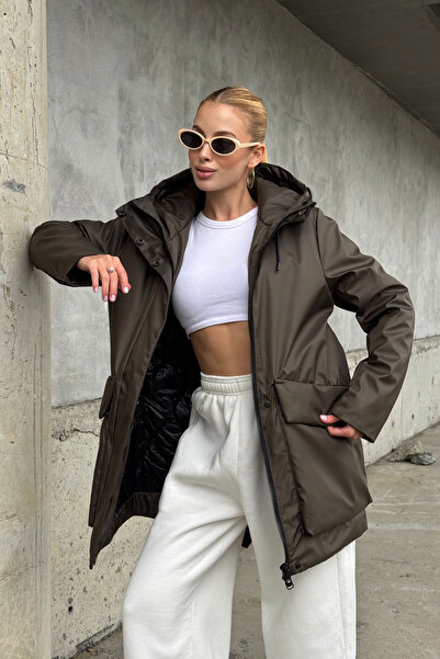 bacc معطف طويل نسائي بني مرير بجيوب واسعة بغطاء رأس BCVL-254205