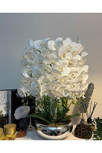 MY LOVE ÇİÇEKÇİLİK Metal Gümüş Saksıda 5'Li Lüx Islak Dokulu Beyaz Yapay Orkide Premium Seri