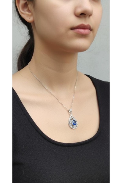 ErdoğanSilver Otantik Telkari Doğal Taşlı Yakut,Safir,Turkuaz Damla Kolye Ucu | 925 Gümüş El İşçiliği (Varyantlı)