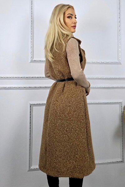 FashionForYou SILVANA women's long vest, with brooch and belt included, Brown, Size S/M/L