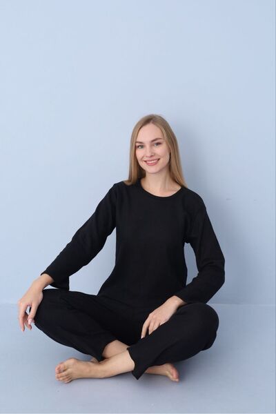 PİJART Black Ribbed Knitted Pajama Set