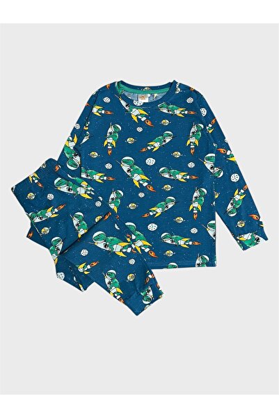 elmas kids Boys' Cotton Petrol Green Dinosaur Patterned Seasonal Long Sleeve Pajama Set