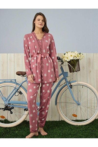 Pijamoni Milan Kumaş Sabahlıklı Üçlü Pijama Takımı