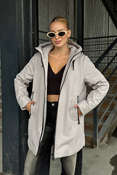 bacc معطف نسائي رمادي بجيبين بغطاء رأس BCVL-254203