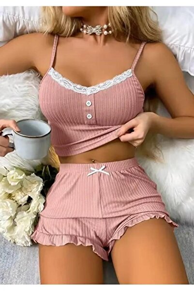 byasafkids Women's Powder Lace Detailed Shorts Nightgown Pajama Set 5015