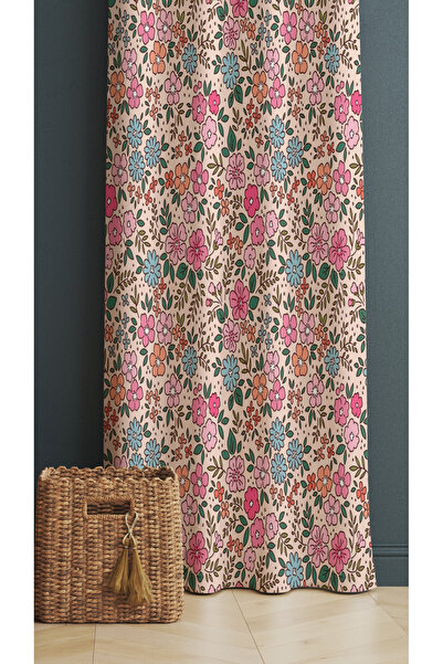 ALAMODECOR Pembe Çiçekli Model Tek Kanat Fon Perde