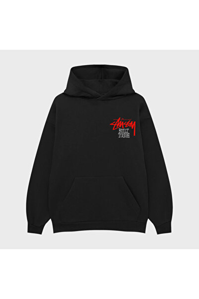 TRAGEDY Unisex Stussy Built Bear Printed 3 Thread Ripped Hoodie Sweatshirt