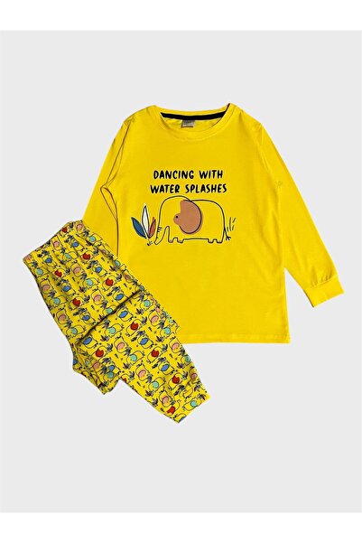 elmas kids Erkek Çocuk Pamuklu Sarı Fil Desenli Mevsimlik Uzun Kollu Pijama Takımı