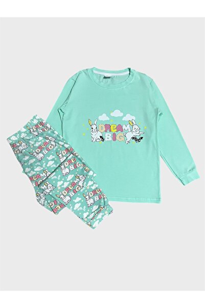 elmas kids Girl's Cotton Water Green Rabbit Cloud Patterned Seasonal Long Sleeve Pajama Set