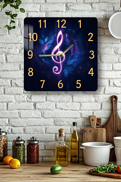 kutuTR Tempered Glass Square Clock with Music Note 33X33 cm Size Uv Printing - Kcs002