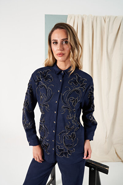 MİA NOURA Women's Front and Sleeves Are Beaded Suitable for Oversize Shirt Made of Suitable Fabric