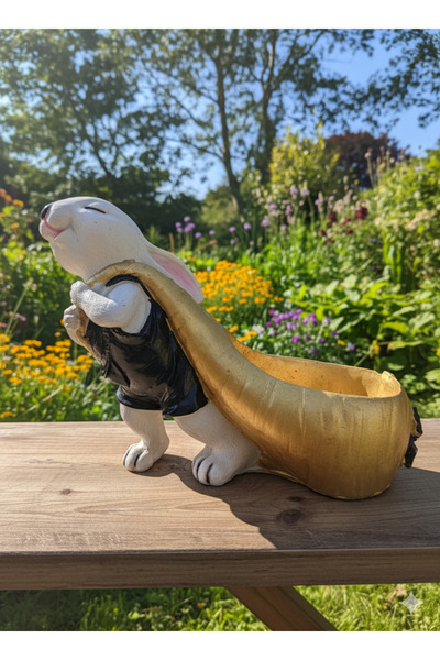 Heykelza Altın Sepetli Tavşan Heykeli – Dekoratif Alçı Biblo – Bahçe ve Ev Süsü