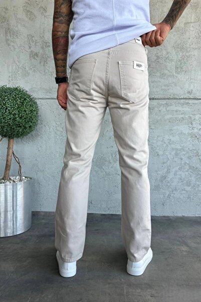 MADZEYMODA Ανδρικό τζιν παντελόνι με ριπέ στυλ, ανοιχτό μπεζ, με σχισμές, τζιν KE-546