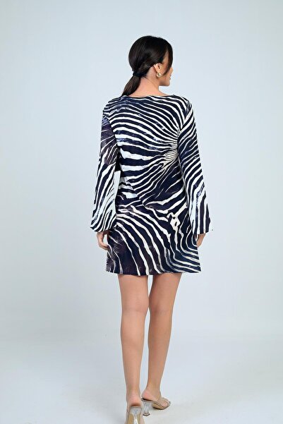 By Saygı Women's Round Neck Zebra Patterned Spanish Sleeve Lined Short Dress