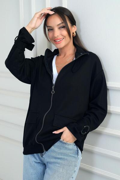 By Saygı Women's Front Zippered Cargo Pocket Buckle Detailed Fabric Cardigan