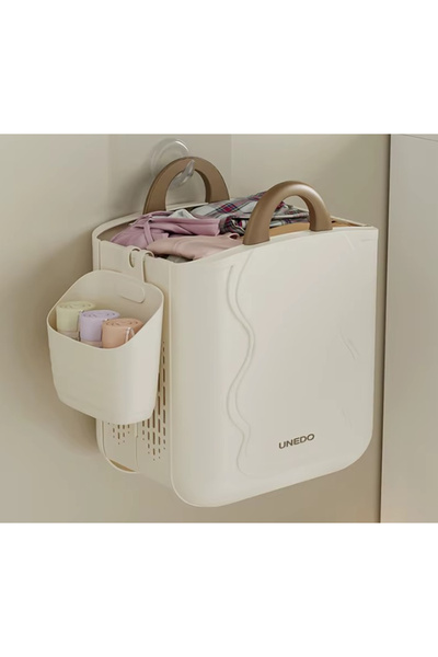 OEM Foldable laundry basket, wall-mounted, with an additional compartment for small items, White
