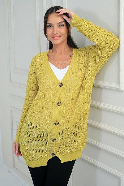 By Saygı Women's V-Neck Buttoned Front Comfortable Fit Mercerized Cardigan