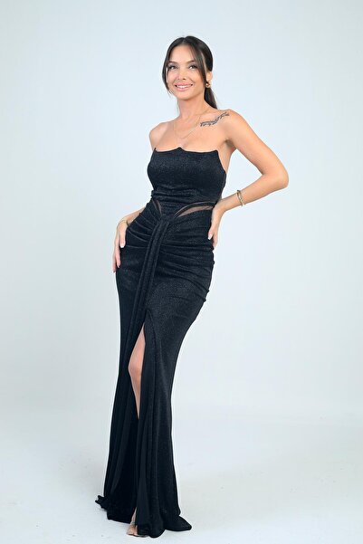 By Saygı Women's Strapless Gathered Front Lined Glitter Long Dress