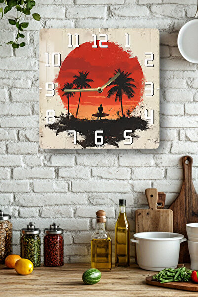 kutuTR Sunset and Surfer Themed Tempered Glass Square Clock 33X33 cm Size Uv Printing - Kcs016