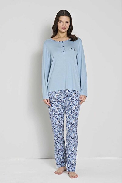 Pijadore Set de pijamale cu mâneci lungi, cu guler cu nasturi, cu model floral albastru, pentru femei