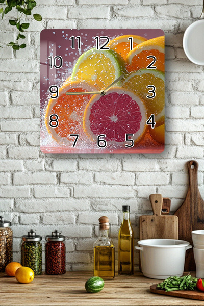 kutuTR Fruit Slices Themed Tempered Glass Square Clock 33X33 cm Size Uv Printing - Kcs013