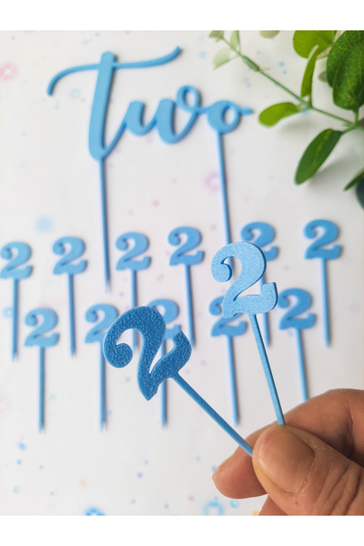 Atolye Doruk Blue 2Nd Birthday Cake Topper - Two Cake Lettering - Number 2 Cupcake Picks - Baby Boy Birthday