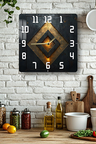 kutuTR Geometric Metal Look Tempered Glass Square Clock 33X33 cm Size Uv Printing - Kcs024