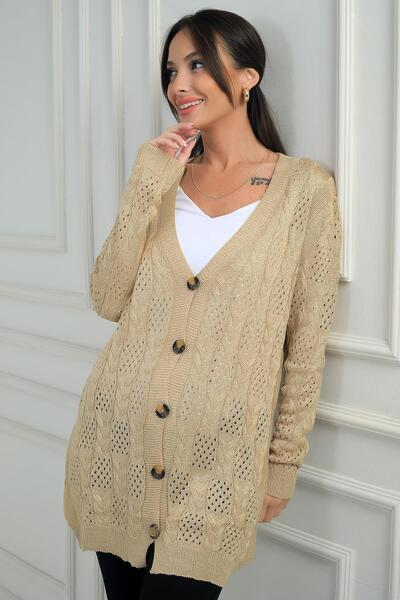 By Saygı Women's V-Neck Buttoned Front Comfortable Fit Mercerized Cardigan