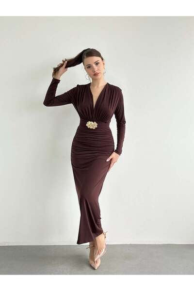 asyadabutik Kadın Drapeli Kemer Aksesuarlı Uzun Elbise