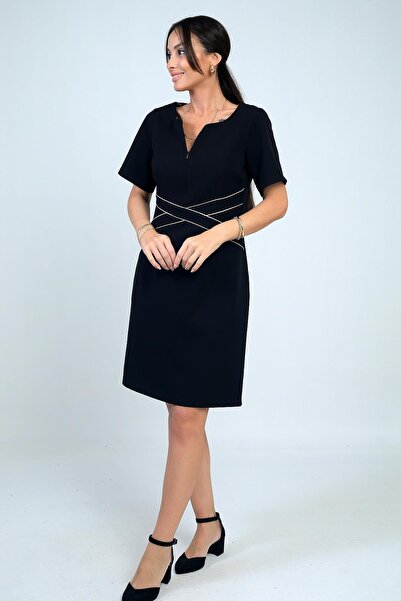 By Saygı Kadın Kendinden Telalı Biyeli Önü Fermuar Detaylı Kısa Elbise