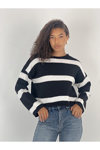 Miss Poem Wide Striped Crew Neck Black Knit Sweater
