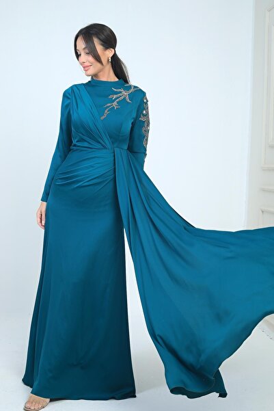 By Saygı Φόρεμα Hijab με Κεντημένο Πέτρινο Κρεπ Σατέν με Φόδρα