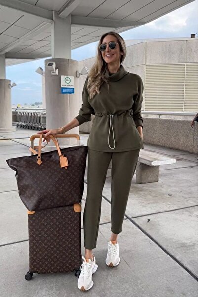 JANES Women's Long Sleeve Turtleneck Modal Blouse and Pants Two-Piece Set with Elastic Waist