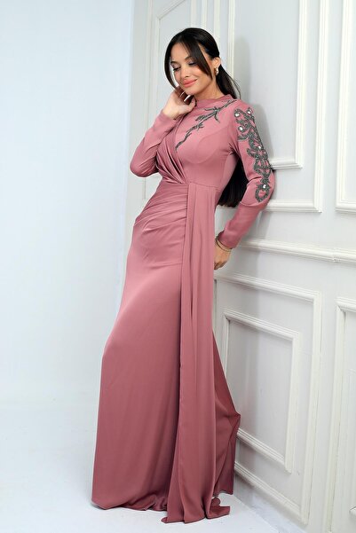 By Saygı Φόρεμα Hijab με Κεντημένο Πέτρινο Κρεπ Σατέν με Φόδρα