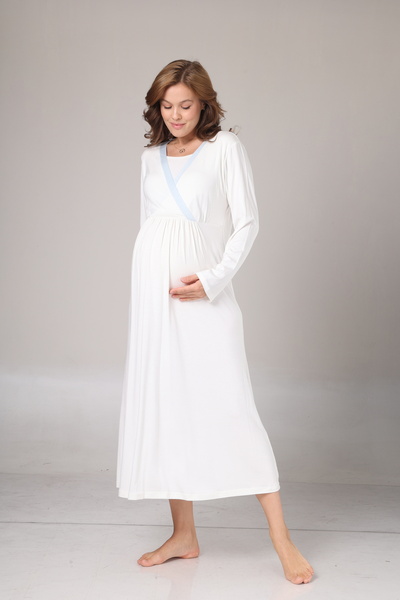 PREGNANT WORLD Women's Blue Sleeve Collar Detailed Full Length Winter Long Sleeve Special Design Maternity Maternity Dressing Gown Nightgown Set