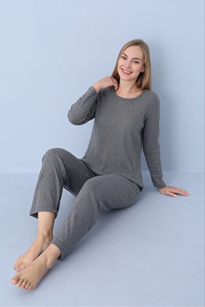 PİJART Anthracite Ribbed Knitted Pajama Set