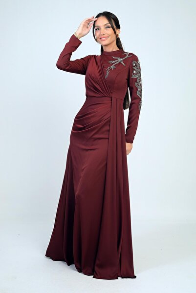 By Saygı Φόρεμα Hijab με Κεντημένο Πέτρινο Κρεπ Σατέν με Φόδρα