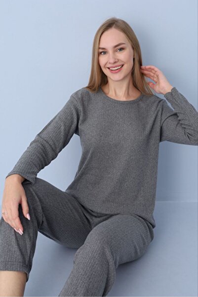 PİJART Anthracite Ribbed Knitted Pajama Set