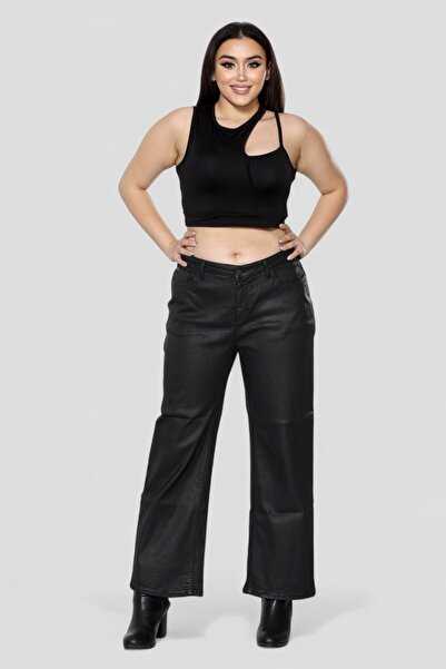 Dovil Leather Look Wax Finish Plus Size Black Women's Pants