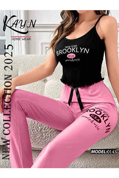 Nice Model Casual Brooklyn USA Slogan Print Tank Top Long Trousers Two Piece Women's Loungewear Pajama Set