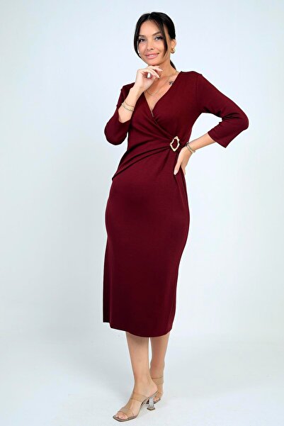 By Saygı Women's Double Breasted Collar Buckle Detailed Slit Midi Dress