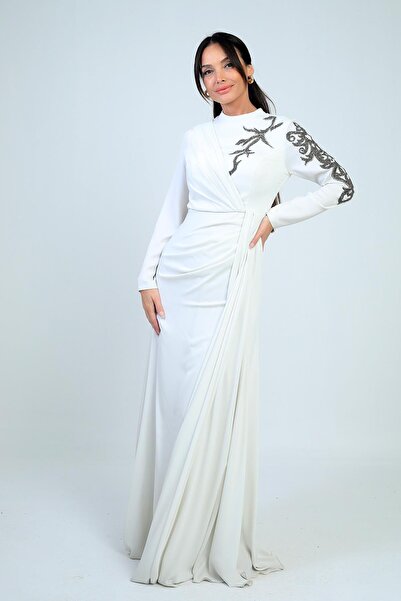 By Saygı Stone Embroidered Front Gathered Lined Crepe Satin Hijab Dress