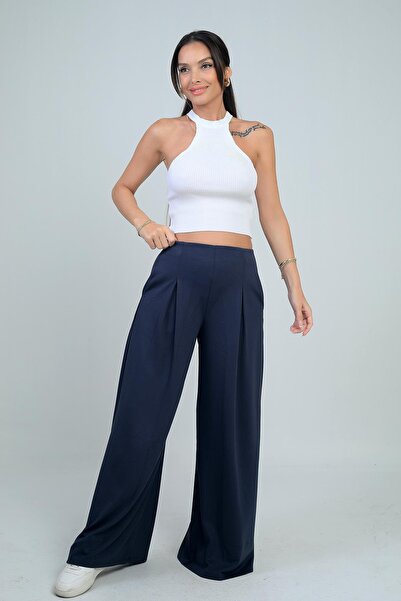 By Saygı Women's Elastic Waist Pocketed Pleated Front Wide Leg Pants