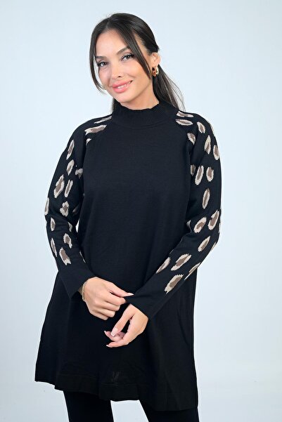 By Saygı Women's Patterned Sleeves Turtleneck Tunic