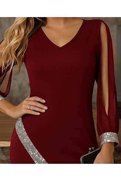 REKA MODA Women's Long Sleeve V-Neck Pulpayetek Imported Crepe Dress