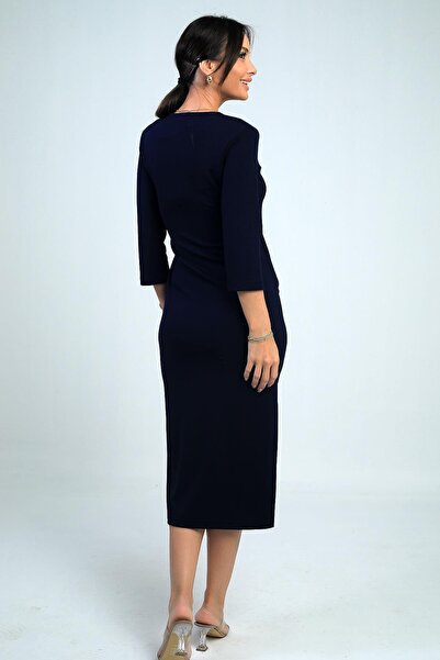 By Saygı Women's Double Breasted Collar Buckle Detailed Slit Midi Dress