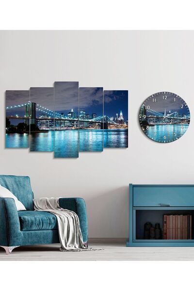 FORONEUS Manzara Desenli dekoratif 5li tablo ve saat seti