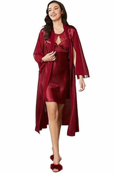 Pierre Cardin Satin Lace Nightgown and Dressing Gown Set 4375 Burgundy