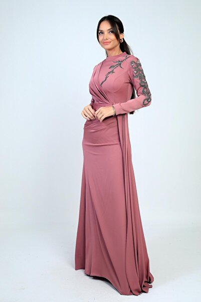 By Saygı Φόρεμα Hijab με Κεντημένο Πέτρινο Κρεπ Σατέν με Φόδρα