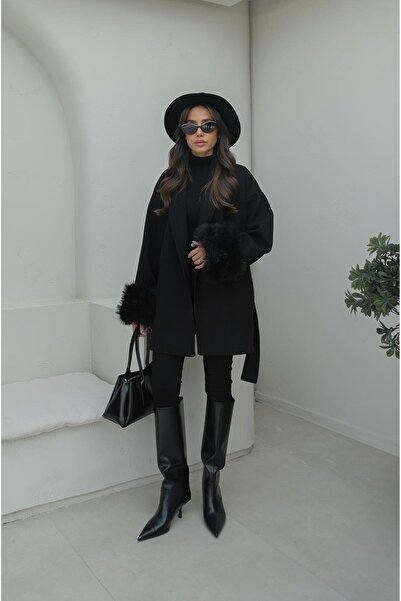 Havoş Black Cashmere Coat with Fur Sleeves and Belt